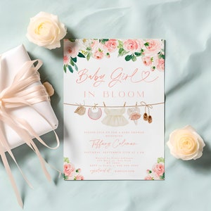 Girl Baby Clothes Baby Shower Invitation, Pink Floral Baby Shower Invite, Floral Clothesline Invitation, Laundry Baby Shower Invitation #c3b