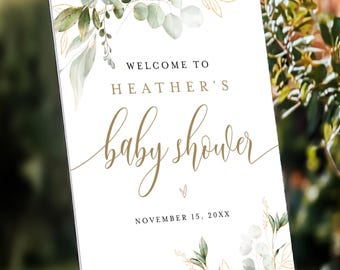 Printed Baby Shower Welcome Sign, Custom Greenery Welcome Poster