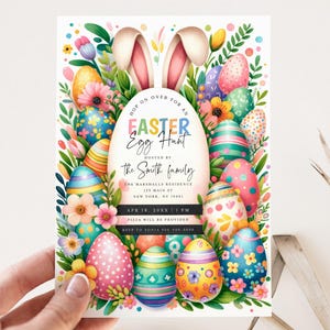 Tryckt inbjudan till påskäggjakt, påskfestinbjudan, påskbrunch, Hop On Over