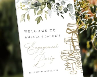 Printed Greenery Champagne Tower Engagement Party Welcome Sign, Classic Old Money Engagement Sign for Party, Gold Engagement Canvas Sign