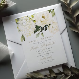 White Hydrangea Printable Bridal Luncheon Invitation Template, Templett, 100% Editable Text, Bohemian Greenery Gold, Roses, Floral #vmt4216