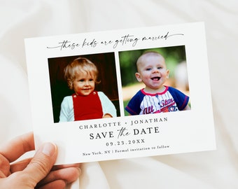 Plantilla minimalista para guardar la fecha, para niños, para bodas con foto, para estos niños que se casan, #f37
