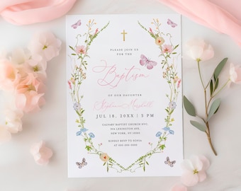Wildflower Baptism Invitation, Purple Butterfly Baptism Invite, Religious Cross Butterfly Christening Invitation, Girls Baptism Invite #c95