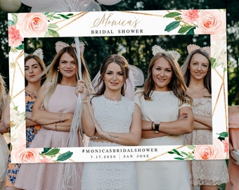 Landscape Photo Prop Frame Template, Photobooth, Templett, Bridal Shower Selfie, Wedding Ideas, Hens, Gold Geometric, Blush Floral #vmt423
