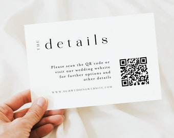 Minimalist Wedding Details Card, QR Code Wedding Insert, RSVP Online Card, Printable, Templett Template, Website Card, Modern Enclosure #f40