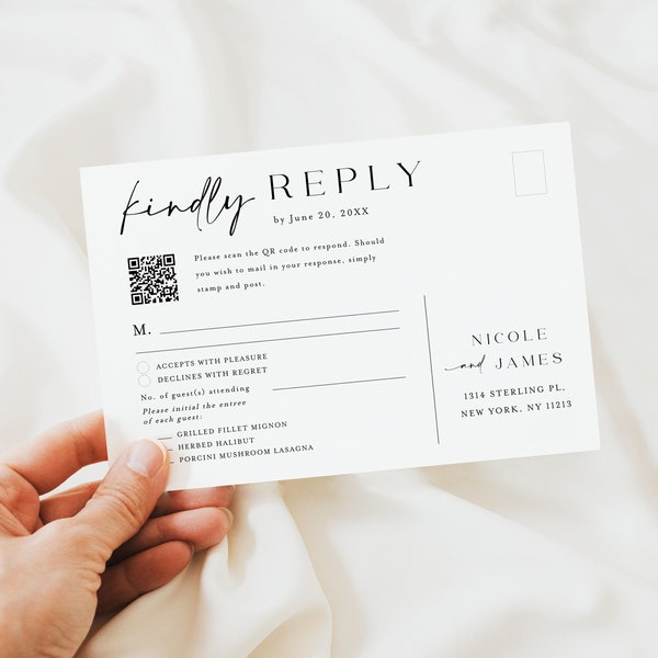 QR-Code-RSVP-Online-Karte, minimalistische Antwortkarte, QR-Code-Postkarte, Online-Antwortkartenvorlage, Templett, vollständig editierbare Hochzeits-RSVP #f41