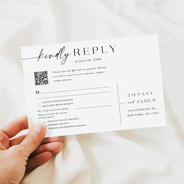 QR-Code-RSVP Online-Karte, minimalistische Antwortkarte, QR-Code-Postkarte, Online-Antwortkartenvorlage, Templett, vollständig bearbeitbares Hochzeits-Rsvp #F37