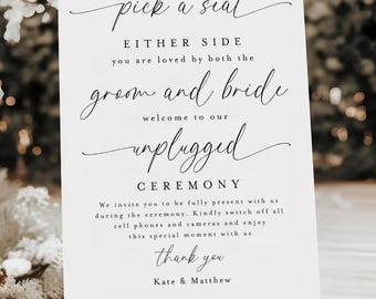 Unplugged Ceremony Sign Template, Pick A Seat Either Side, No Phones Ceremony Sign, No Cameras Wedding Sign, No Phones Wedding Sign #f59