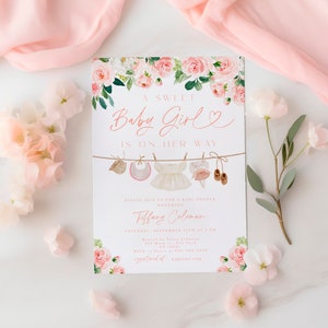 Pink Floral Baby Shower Invite, Girl Baby Clothes Baby Shower Invitation, Floral Clothesline Invitation, Laundry Baby Shower Invitation #c3b