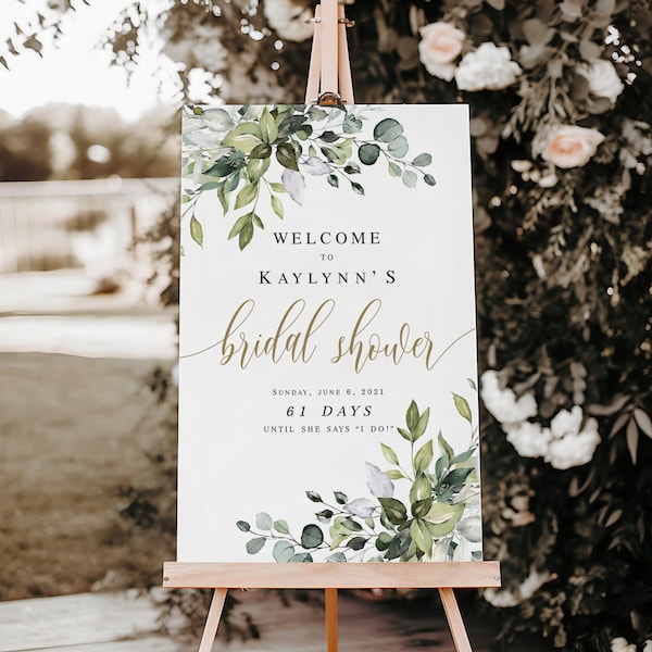 Portrait Bridal Shower Welcome Sign Template, 100% Editable Text, Party, Reception, Brunch Poster, Decorations, Download, Greenery Gold #c61