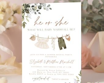 May include: A gender reveal party invitation with the text "he or she" and "What will Baby Marshall be?" The invitation features watercolor illustrations of baby clothes hanging on a clothesline, with floral accents.