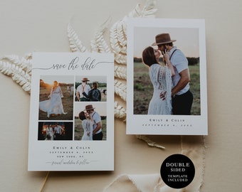 May include: A double-sided save the date card with a collage of photos on the front and a single photo on the back. The front of the card says "save the date" in cursive script and includes the couple's names, wedding date, and location. The back of the card says "Emily & Colin" and the wedding date. The card also includes a black circle with the text "Double Sided Template Included".