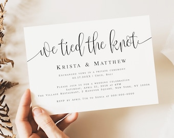 May include: A white wedding invitation with black text that reads "We tied the knot" followed by the names Krista & Matthew. The invitation details a private ceremony in Ubud, Bali on March 17, 20XX and a wedding celebration in New York City on April 21, 2018 at 4 PM. The invitation includes an RSVP request by April 7th to Sonia at 000-000-0000.