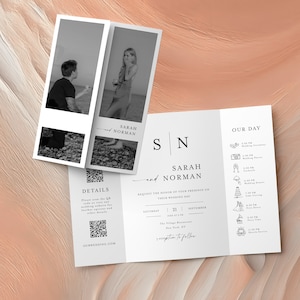 Faire-part de mariage gatefold avec code QR, modèle d'invitation à un mariage, pli métallique monogramme, RSVP code QR, 100 % modifiable, détails, chronologie #f37m