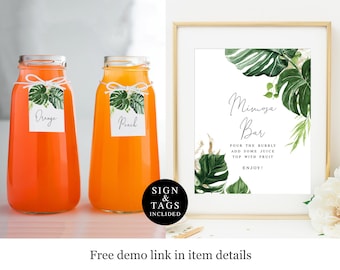Printable Mimosa Bar Sign Ang Tags Template, Hanging Juice Jar Labels, Bridal Shower, Bach Party, Hen, Tropical, Greenery, Monstera #vmt7128
