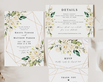 Wedding invite sets printable templates Try before you buy 100% Editable Templett Invitation White Floral, Simple, Gold Geometric #vmt3116