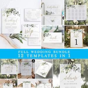 Greenery Gold Wedding Bundle Template, Edit With Templett, Printables Set, Invitation, Sign Package, Signage Pack, Eucalyptus, Bohemian #c61