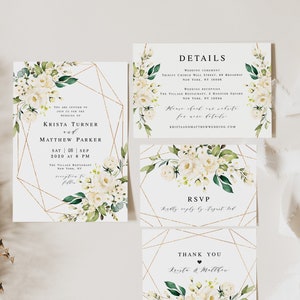 Hochzeitseinladungssätze druckbare Vorlagen Versuchen Sie, bevor Sie kaufen 100% bearbeitbare Templett-Einladung Weiß Floral, Einfach, Gold Geometrische #vmt3116