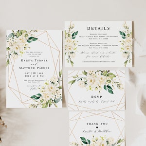 Wedding invite sets printable templates Try before you buy 100% Editable Templett Invitation White Floral, Simple, Gold Geometric vmt3116 image 1