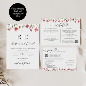 Conjunto de invitación de boda con código QR, postal RSVP, plantilla de conjunto de invitación de boda con flores de jardín, insertos de invitación de boda editables #c82