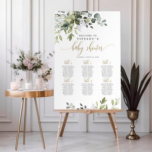 Groen goud kleine babyshower zitplaatsen tabelsjabloon, afdrukbaar, genderneutraal, jongen of meisje, bord, brunch, Templett, eucalyptus #c61