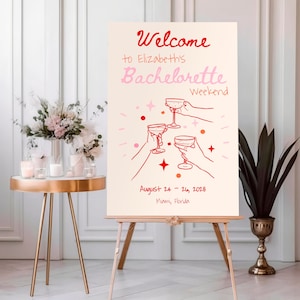 Handgetekende sjabloon vrijgezellenweekend welkomstbord, eigenzinnige funky kleurrijke vrijgezellenfeest welkomstbord handgetekende stijl Bach-teken #c97
