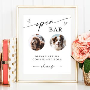 Sjabloon huisdier open bar teken, open bar hond teken, huisdier open bar teken voor bruiloft, huisdier foto drankje teken, bewerkbaar hondendrank teken #f37