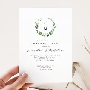 Garden Rehearsal Dinner Invitation, Editable Template, Monogram Wreath, Digital Download, Templett, Personalized, Foliage, Green #vmt3121