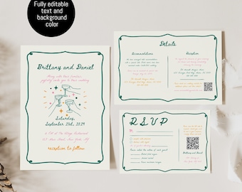 Colorful Wedding Invitation Bundle Template, Colorful Wedding Invitation Suite, Wavy Wedding Invitation Set, Hand Drawn Colorful Invite #c97