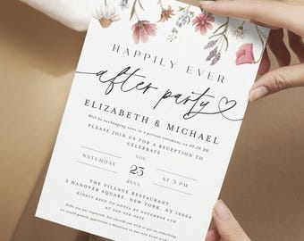 Invitación impresa y enviada para la fiesta "Felices para siempre" con flores silvestres, invitación para la fiesta de boda.