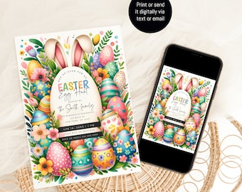 Easter Egg Hunt Invitation, Easter Invitation, Easter Party Invitation Template, Easter Brunch, Easter Digital Invitation, Hop On Over #c94
