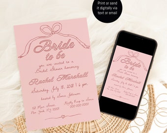 Digital Pink Bow Bridal Shower Invitation, Hand Drawn Blush Pink Bow Bridal Shower Invite, French Vintage Pink Ribbon Bow Shower Evite #c97