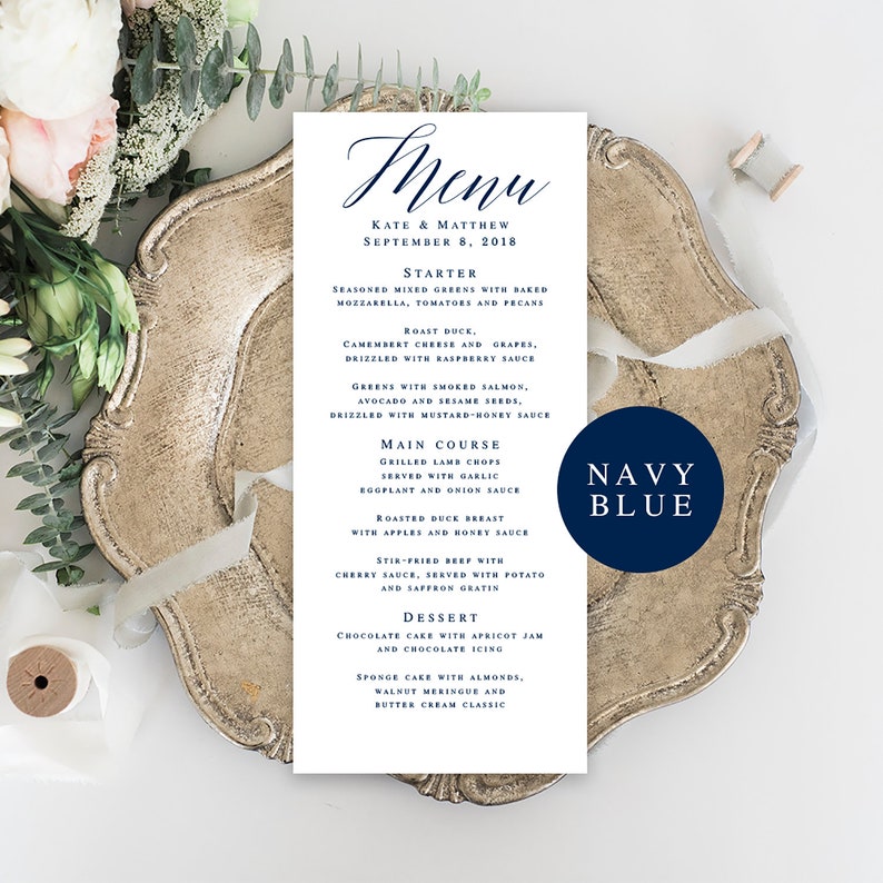Navy Wedding Menu Template Navy Menu Cards Navy Blue Menu Etsy