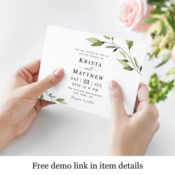 Wedding Invitation Template Landscape Invite Green Leaves - Etsy