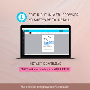 Puede incluir: Una pantalla de computadora port&aacute;til que muestra un sitio web con una plantilla de guardar la fecha. La plantilla es de color azul claro y blanco con el texto "Sophia & Brandon" y "Save the Date". El texto "Edit Right in Web Browser No Software to Install" se muestra encima de la computadora port&aacute;til.