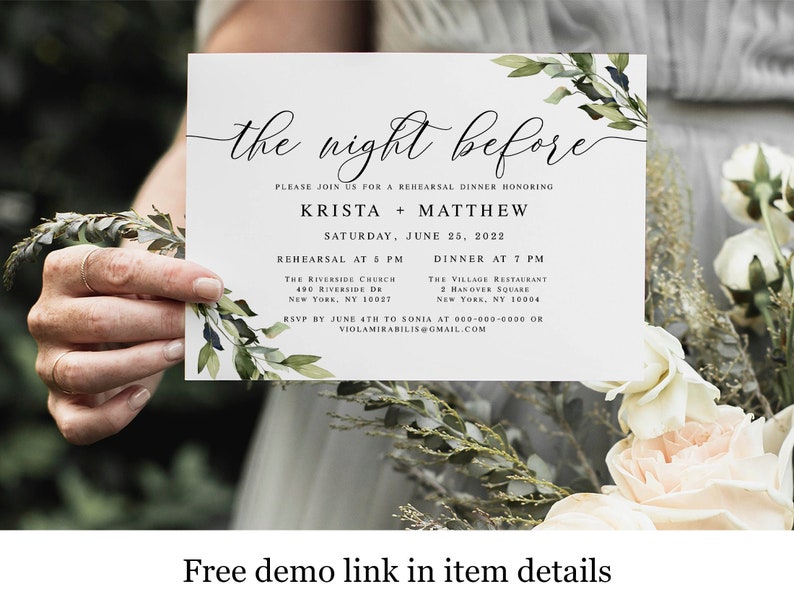 May include: A white invitation card with green foliage and the text "the night before" in black cursive font. The invitation is for a rehearsal dinner honoring Krista and Matthew on Saturday, June 25, 2022. The card includes details for the rehearsal at 5 PM at The Riverside Church and dinner at 7 PM at The Village Restaurant.