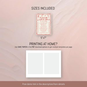 May include: A rectangular card with the text "Bachelorette would she rather" in red. The card is 5"x7" and includes a list of questions. The image also includes the text "SIZES INCLUDED" and "PRINTING AT HOME?"