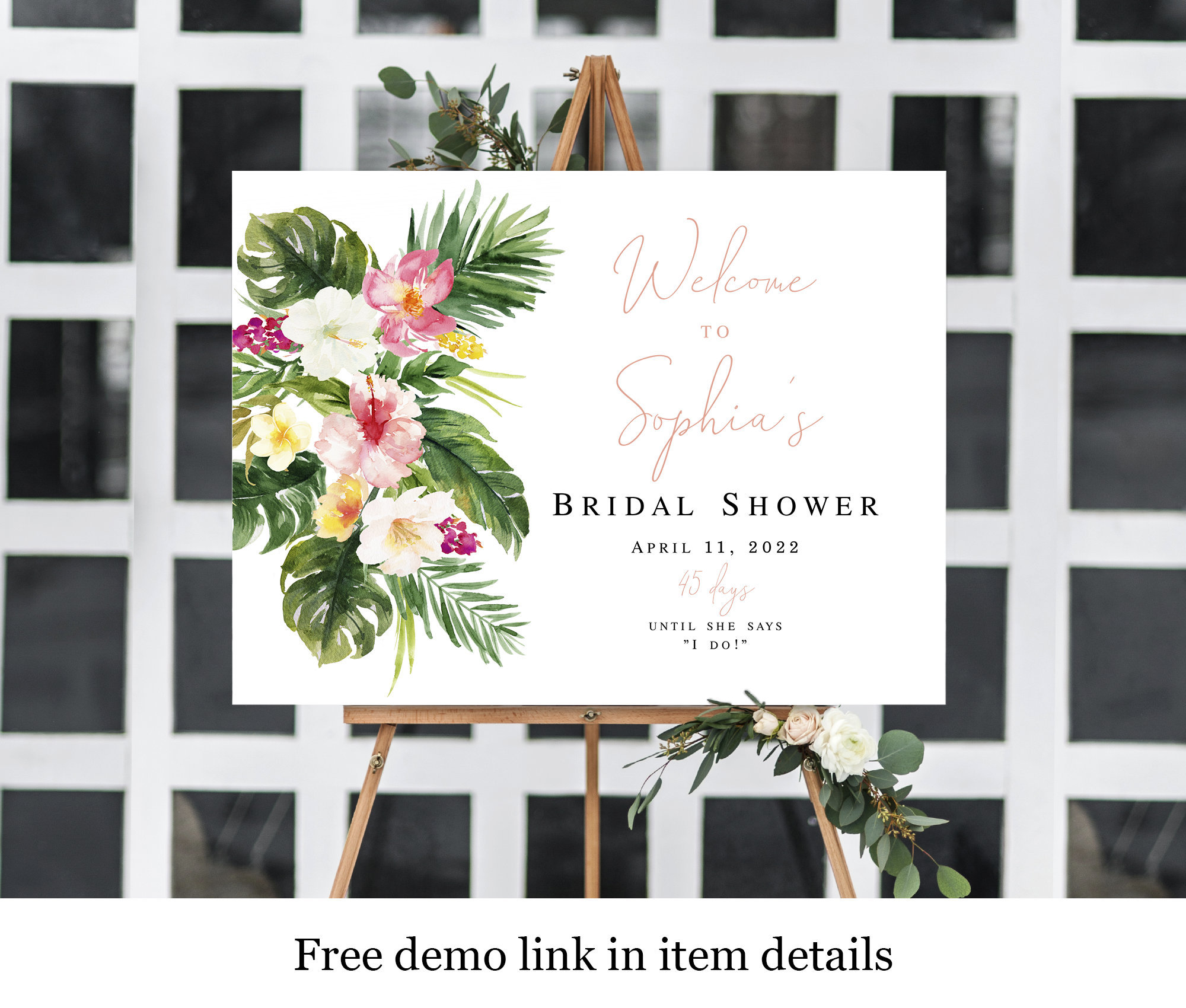 Welcome To Bridal Shower Sign Template, Brunch, Floral Wedding Countdown, Days Until She Says I Do, Hens Party Poster, Board, Luau #vmt34