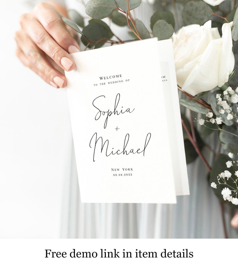 Printable Program Template, Folded, Wedding Ceremony, Templett, Instant download, Editable Order of Service, Simple, Scandinavian #vmt710