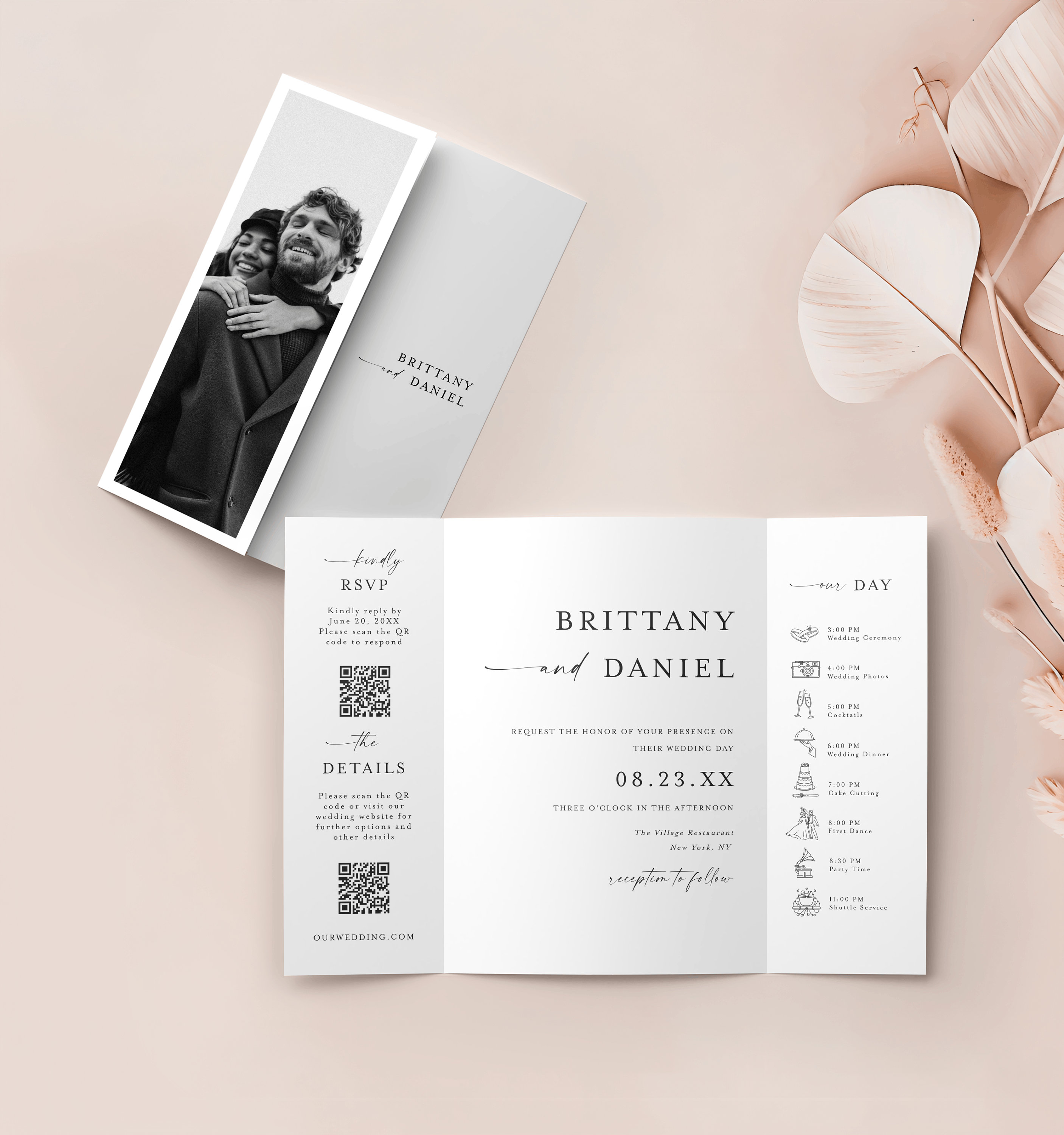 Gatefold Wedding Invitation With QR Code, Wedding Invite Template