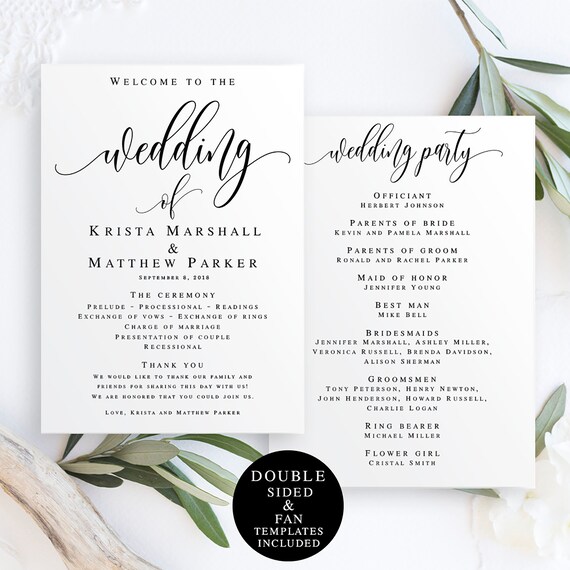 wedding fan template program fan template editable diy etsy