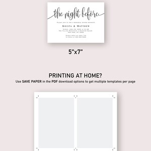 May include: A printable invitation template for a rehearsal dinner. The invitation is 5 inches by 7 inches and features the text "the night before" in a cursive font. The invitation is designed for a couple named Krista and Matthew.