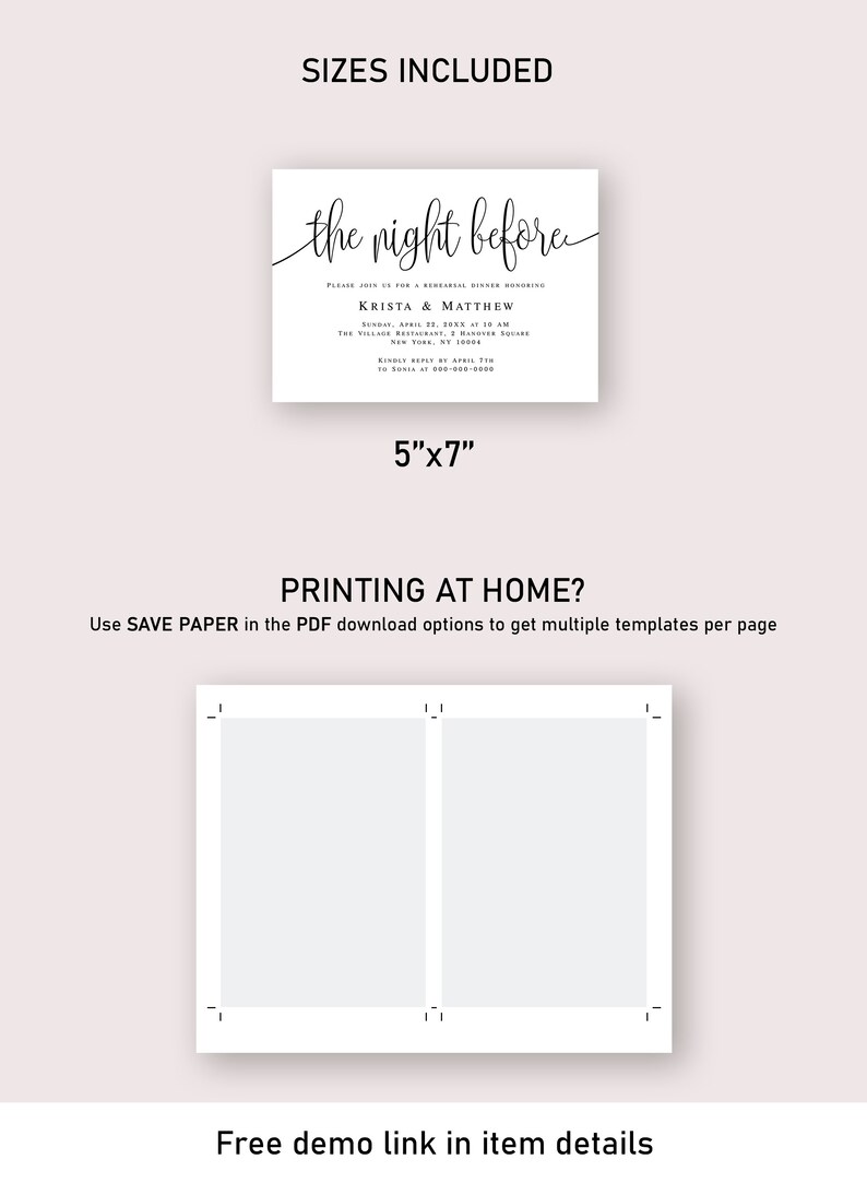 May include: A printable invitation template for a rehearsal dinner. The invitation is 5 inches by 7 inches and features the text "the night before" in a cursive font. The invitation is designed for a couple named Krista and Matthew.