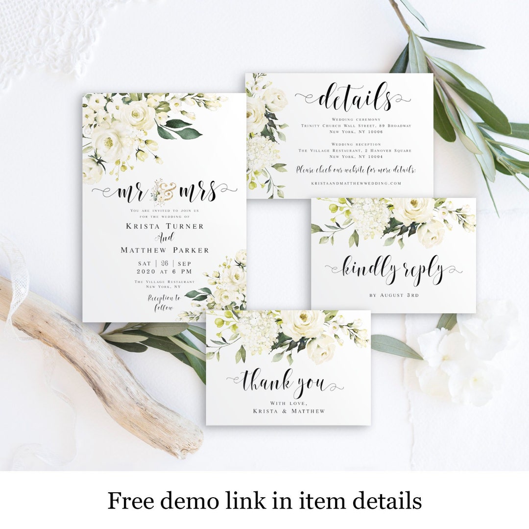 White Roses Wedding Invite Set Template Mr and Mrs Downloadable 100% ...