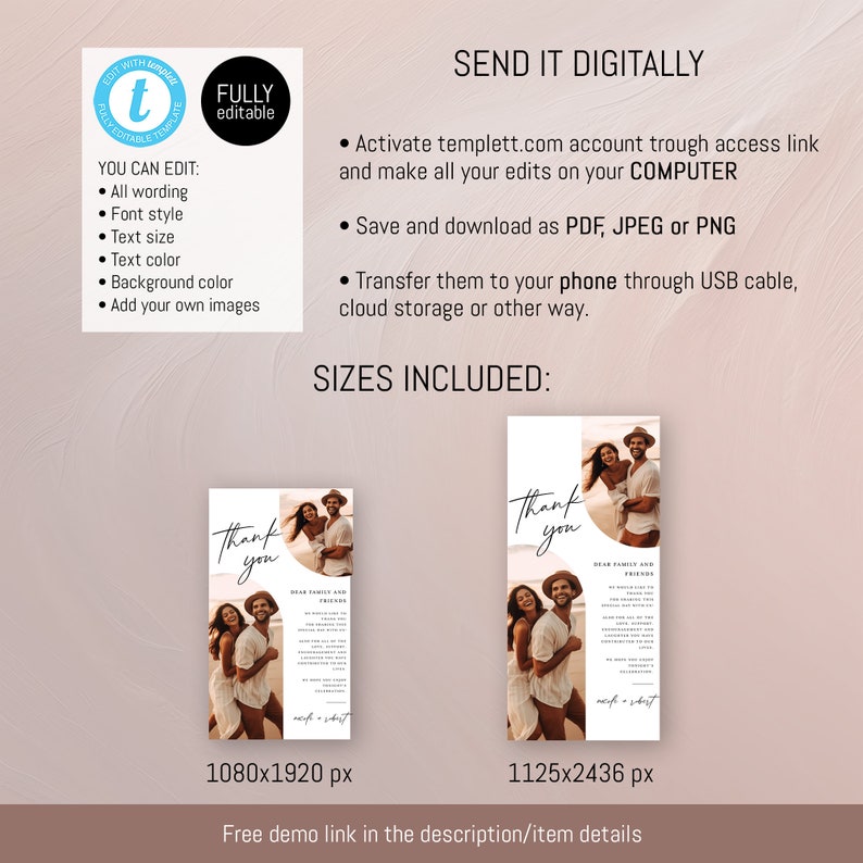Pu&ograve; includere: Due biglietti di ringraziamento digitali con una coppia davanti a uno sfondo di spiaggia. Il testo sui biglietti dice "Grazie". I biglietti sono disponibili in due dimensioni: 1080x1920 pixel e 1125x2436 pixel.