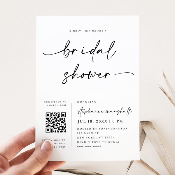 Minimal Bridal Shower Invitation QR Code, Editable Bridal Shower Party Invite, Modern Bridal Shower Invitation, Gift Registry QR Code #f41