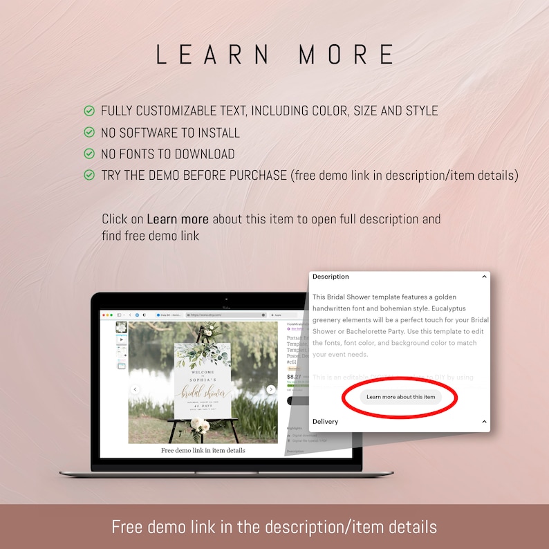 May include: A laptop screen displaying a mockup of a printable bridal shower welcome sign with a gold handwritten font and eucalyptus greenery. The text on the sign reads "Welcome Sophia's Bridal Shower". The text on the laptop screen says "This Bridal Shower template features a golden handwritten font and bohemian style. Eucalyptus greenery elements will be a perfect touch for your Bridal Shower or Bachelorette Party. Use this template to edit the fonts, font color, and background color to match your event needs."