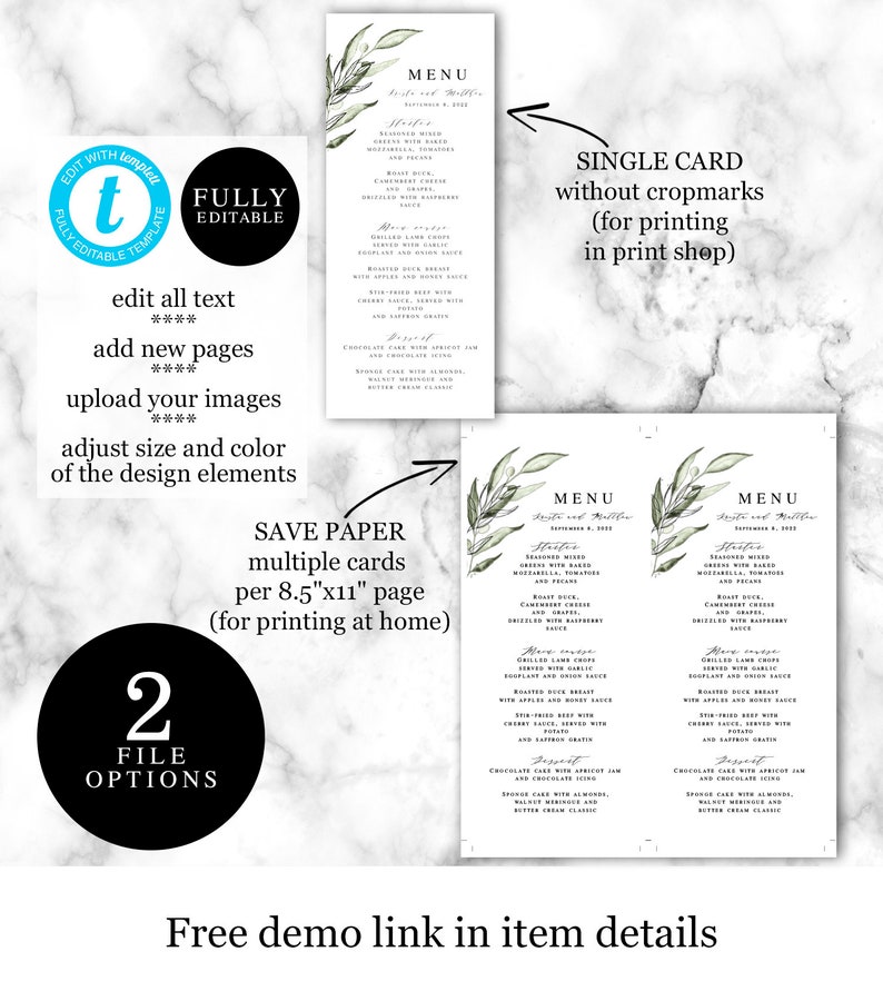 DIY Card pdf jpg 100/% Editable Tuscany #vmt3115 Printable Templett Try before you buy Olive Instant Download Wedding Menu Template
