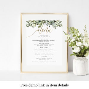 Modèle de signe de menu de mariage verdure, imprimable, téléchargement immédiat, texte 100 % modifiable, Templett, bricolage à personnaliser, Boho, Boho Gold 8 x 10 #c61