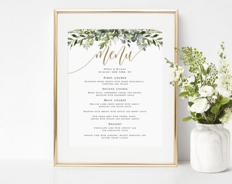 Greenery Wedding Menu Sign Template, Printable, Instant Download, 100% Editable Text, Templett, DIY Customize, Bohemian, Boho Gold 8x10 #c61